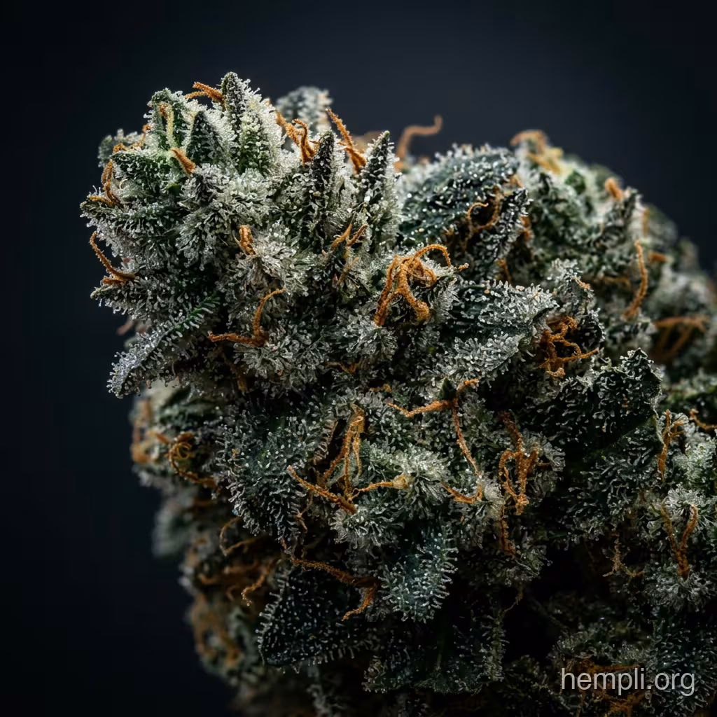 Nahaufnahme einer harzigen OG-Kush-Blüte mit dichten Trichomen und bernsteinfarbenen Blütenstempeln
