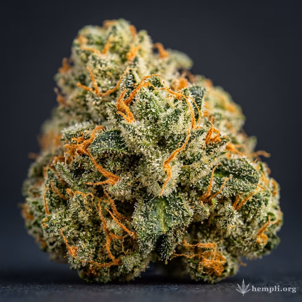 Nahaufnahme einer harzigen Pineapple-Kush-Blüte mit dichten Trichomen und orangefarbenen Blütenstempeln