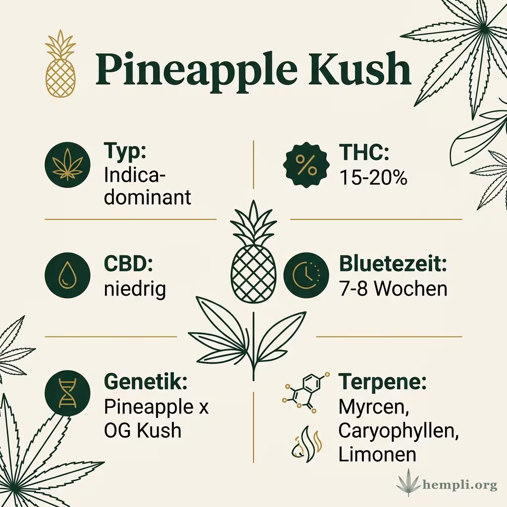Infografik mit Pineapple-Kush Key Facts: Typ Indica-dominant, THC 15-18%, Bluetezeit 8 Wochen, Genetik Pineapple x OG Kush und Terpene Myrcen, Caryophyllen, Pinen