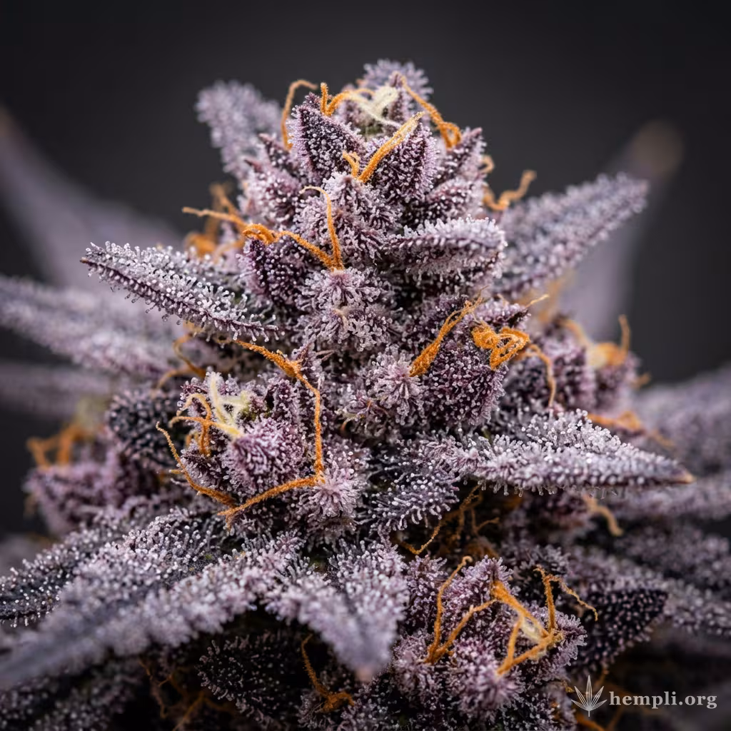 Nahaufnahme einer violett gefärbten, harzigen Purple-Haze-Blüte mit orangefarbenen Blütenstempeln