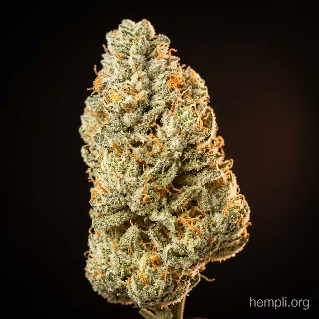 Nahaufnahme einer harzigen, hellgrünen Sour-Diesel-Blüte mit langen orangefarbenen Blütenstempeln