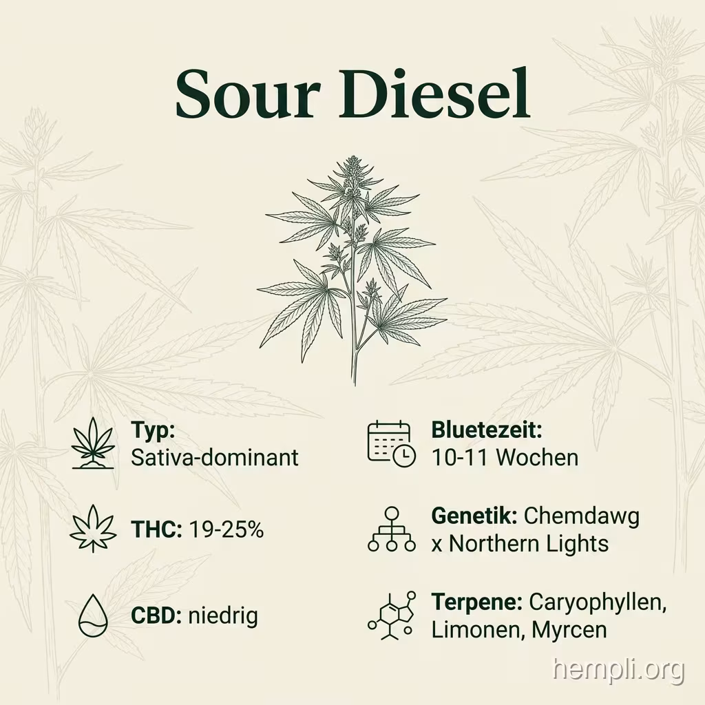 Infografik mit Sour-Diesel Key Facts: Typ Sativa-dominant, THC 19-25%, Bluetezeit 10-11 Wochen, Genetik Chemdawg x Super Skunk und Terpene Caryophyllen, Limonen, Myrcen
