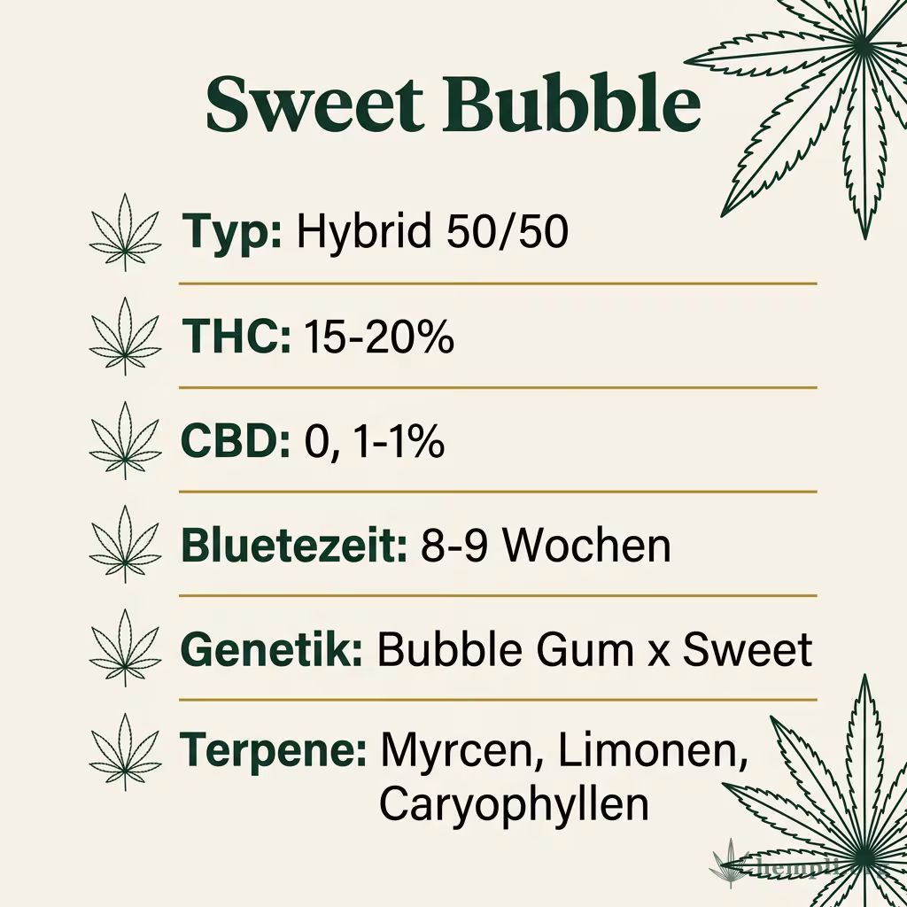 Infografik mit Sweet-Bubble Key Facts: Typ Indica-dominant, THC 16-19%, Bluetezeit 8-9 Wochen, Genetik Bubble-Gum-Linie und Terpene Myrcen, Caryophyllen, Limonen