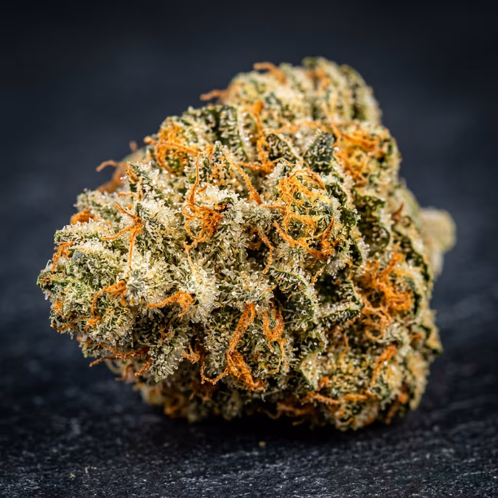 Nahaufnahme einer harzigen 24K Gold-Blüte mit dichten Trichomen und orangefarbenen Blütenstempeln