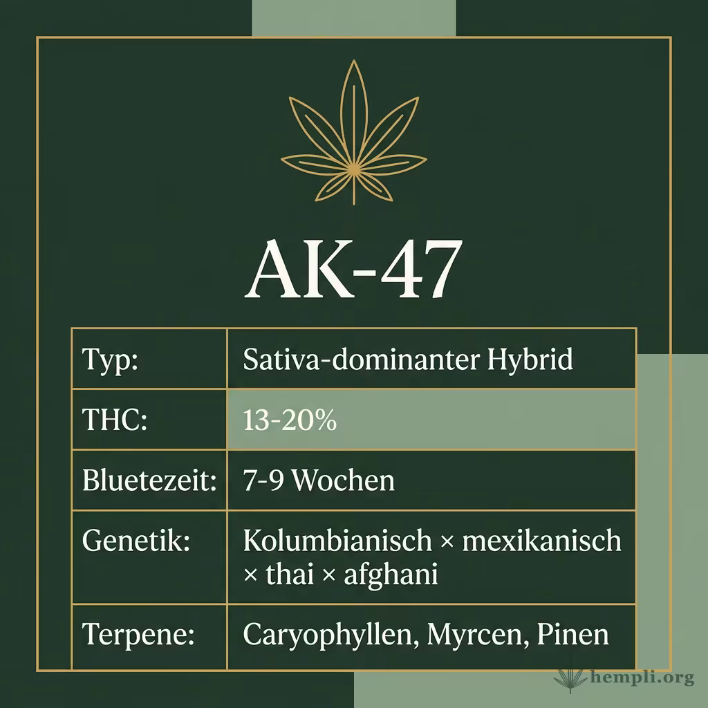 Infografik mit AK-47 Key Facts: Typ Sativa-dominant, THC 13-20%, Bluetezeit 7-9 Wochen, Genetik kolumbianisch x mexikanisch x thai x afghani und Terpene Caryophyllen, Myrcen, Pinen