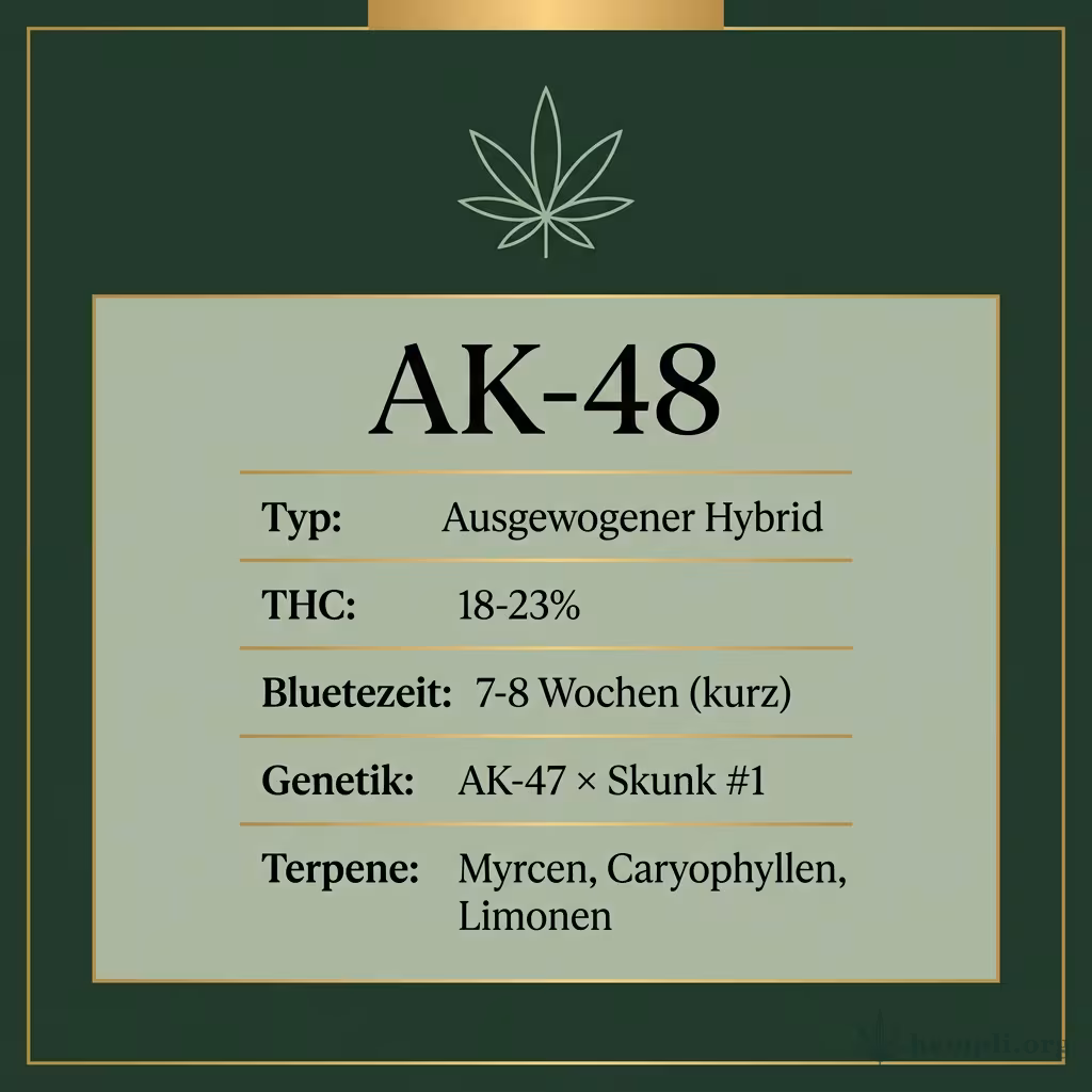 Infografik mit AK-48 Key Facts: Typ Ausgewogener Hybrid, THC 18-23%, Bluetezeit 7-8 Wochen (kurz), Genetik AK-47 × Skunk #1 und Terpene Myrcen, Caryophyllen, Limonen
