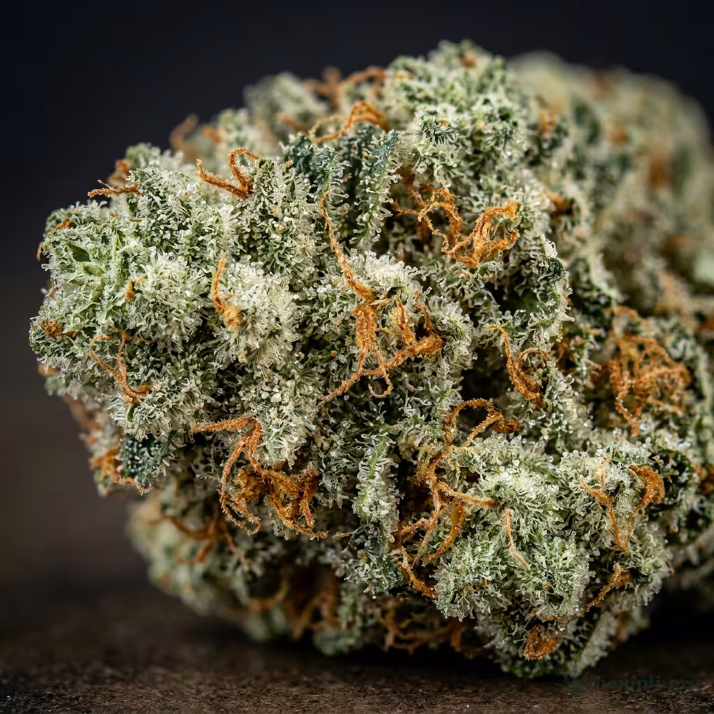 Nahaufnahme einer harzigen, hellgrünen Alien-OG-Blüte mit dichten Trichomen und orangefarbenen Blütenstempeln