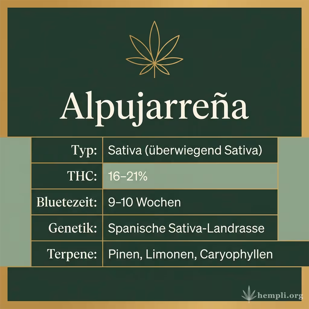 Infografik mit Alpujarreña Key Facts: Typ Sativa (überwiegend Sativa), THC 16-21%, Bluetezeit 9-10 Wochen, Genetik Spanische Sativa-Landrasse und Terpene Pinen, Limonen, Caryophyllen