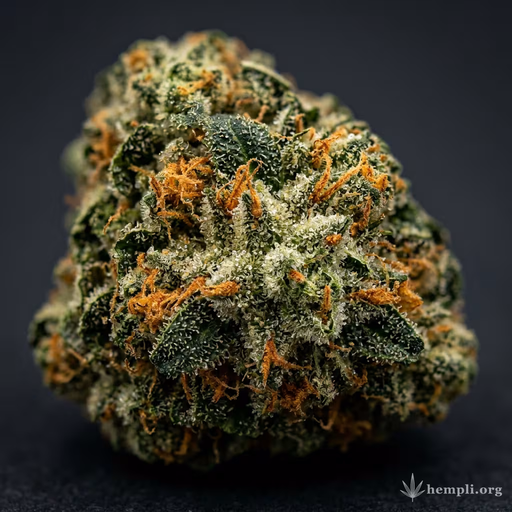 Nahaufnahme einer harzigen American Pie-Blüte mit dichten Trichomen und orangefarbenen Blütenstempeln