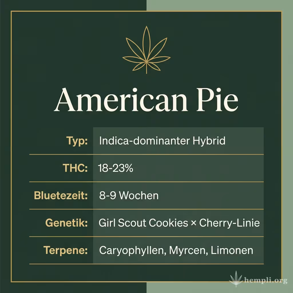 Infografik mit American Pie Key Facts: Typ Indica-dominanter Hybrid, THC 18-23%, Bluetezeit 8-9 Wochen, Genetik Girl Scout Cookies × Cherry-Linie und Terpene Caryophyllen, Myrcen, Limonen