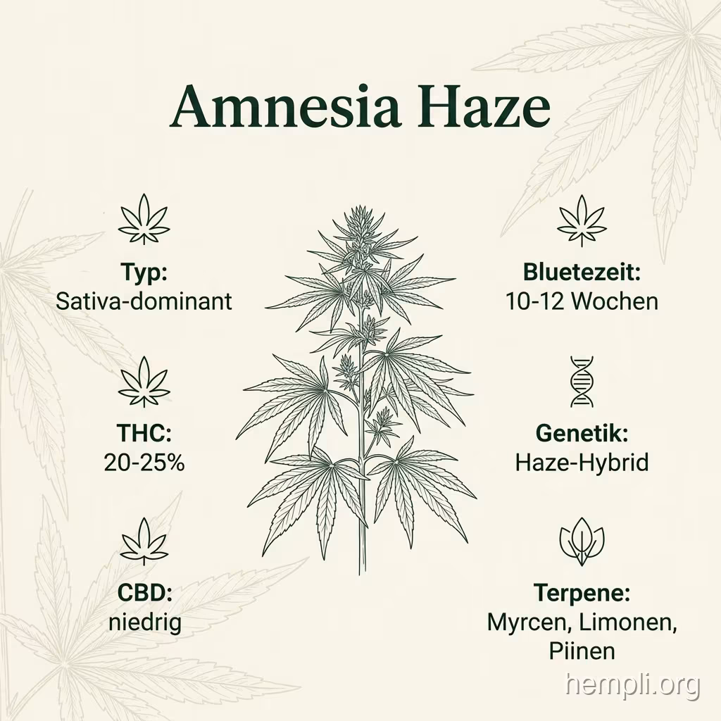 Infografik mit Amnesia-Haze Key Facts: Typ Sativa-dominant, THC 20-25%, Bluetezeit 10-12 Wochen, Genetik Haze-Hybrid und Terpene Myrcen, Limonen, Pinen