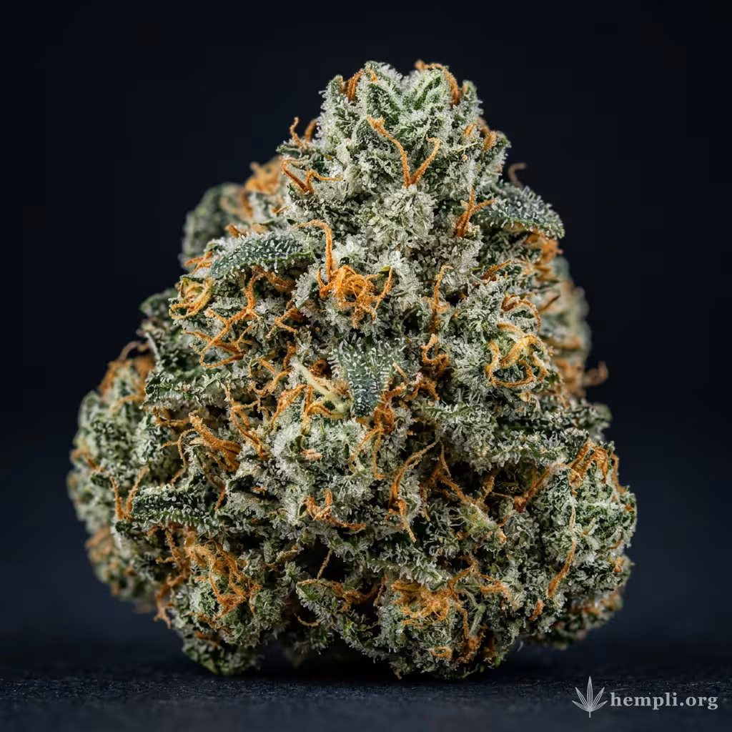 Nahaufnahme einer harzigen Amnesia Kush-Blüte mit dichten Trichomen und orangefarbenen Blütenstempeln