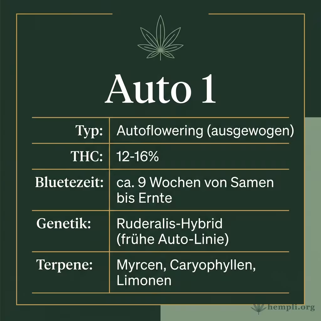 Infografik mit Auto 1 Key Facts: Typ Autoflowering (ausgewogen), THC 12-16%, Bluetezeit ca. 9 Wochen von Samen bis Ernte, Genetik Ruderalis-Hybrid (frühe Auto-Linie) und Terpene Myrcen, Caryophyllen, Limonen