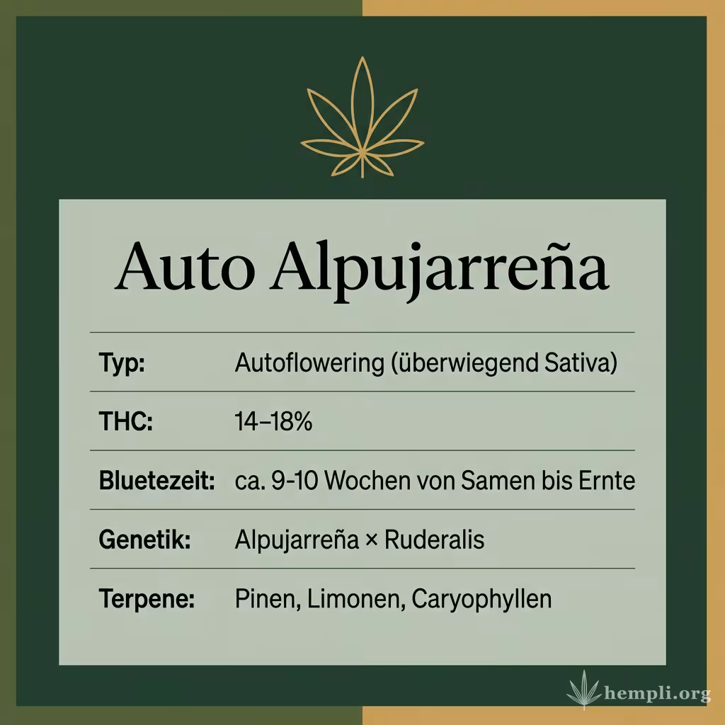 Infografik mit Auto Alpujarreña Key Facts: Typ Autoflowering (überwiegend Sativa), THC 14-18%, Bluetezeit ca. 9-10 Wochen von Samen bis Ernte, Genetik Alpujarreña × Ruderalis und Terpene Pinen, Limonen, Caryophyllen