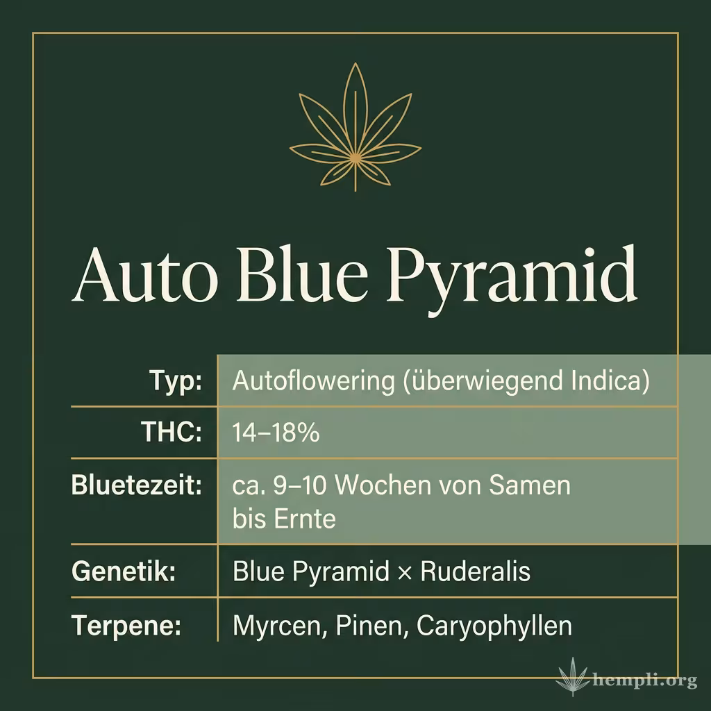 Infografik mit Auto Blue Pyramid Key Facts: Typ Autoflowering (überwiegend Indica), THC 14-18%, Bluetezeit ca. 9-10 Wochen von Samen bis Ernte, Genetik Blue Pyramid × Ruderalis und Terpene Myrcen, Pinen, Caryophyllen