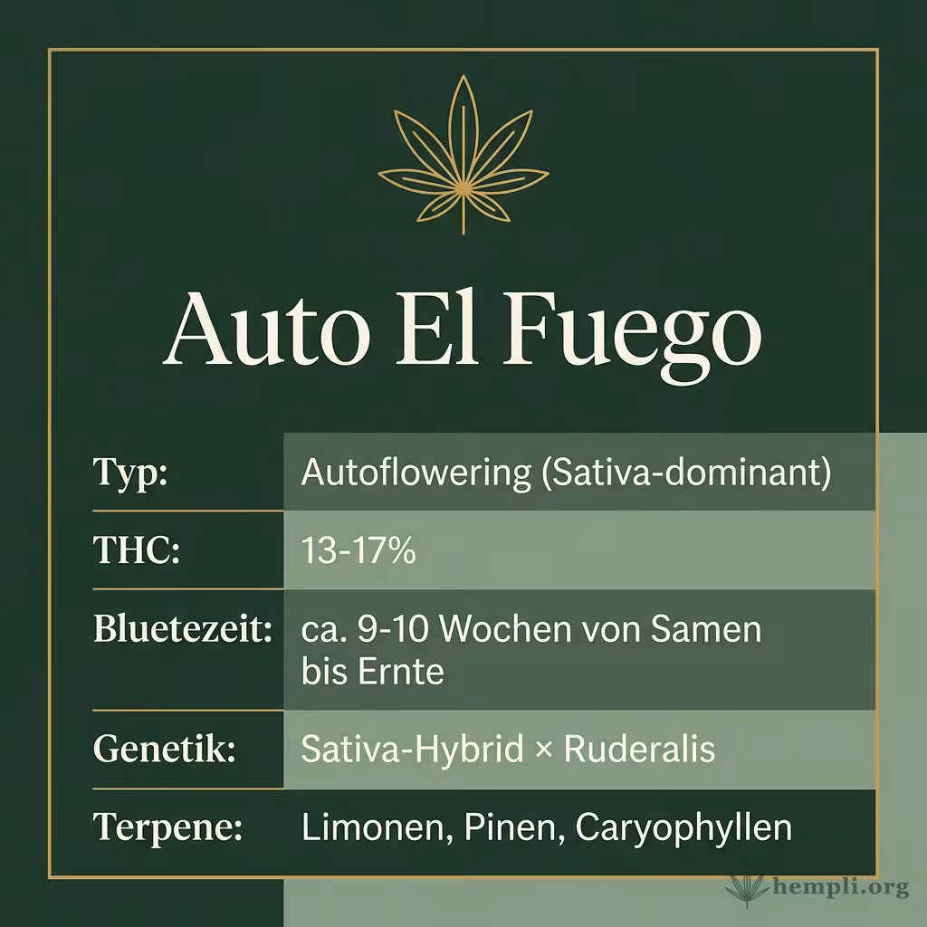 Infografik mit Auto El Fuego Key Facts: Typ Autoflowering (Sativa-dominant), THC 13-17%, Bluetezeit ca. 9-10 Wochen von Samen bis Ernte, Genetik Sativa-Hybrid × Ruderalis und Terpene Limonen, Pinen, Caryophyllen