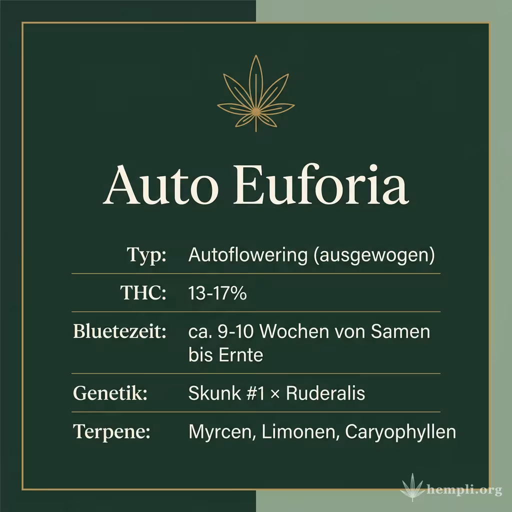 Infografik mit Auto Euforia Key Facts: Typ Autoflowering (ausgewogen), THC 13-17%, Bluetezeit ca. 9-10 Wochen von Samen bis Ernte, Genetik Skunk #1 × Ruderalis und Terpene Myrcen, Limonen, Caryophyllen