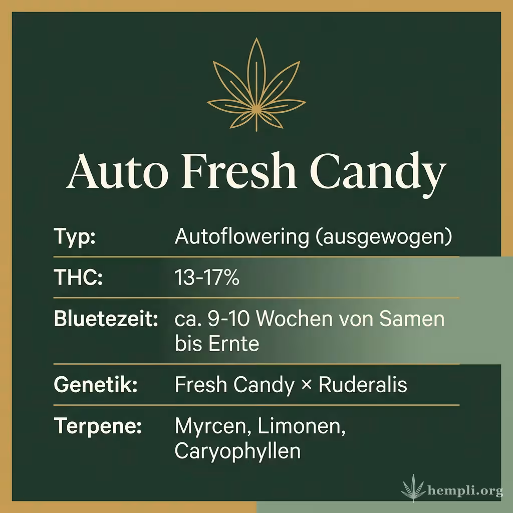 Infografik mit Auto Fresh Candy Key Facts: Typ Autoflowering (ausgewogen), THC 13-17%, Bluetezeit ca. 9-10 Wochen von Samen bis Ernte, Genetik Fresh Candy × Ruderalis und Terpene Myrcen, Limonen, Caryophyllen