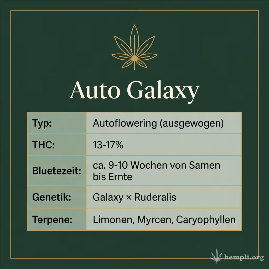 Infografik mit Auto Galaxy Key Facts: Typ Autoflowering (ausgewogen), THC 13-17%, Bluetezeit ca. 9-10 Wochen von Samen bis Ernte, Genetik Galaxy × Ruderalis und Terpene Limonen, Myrcen, Caryophyllen