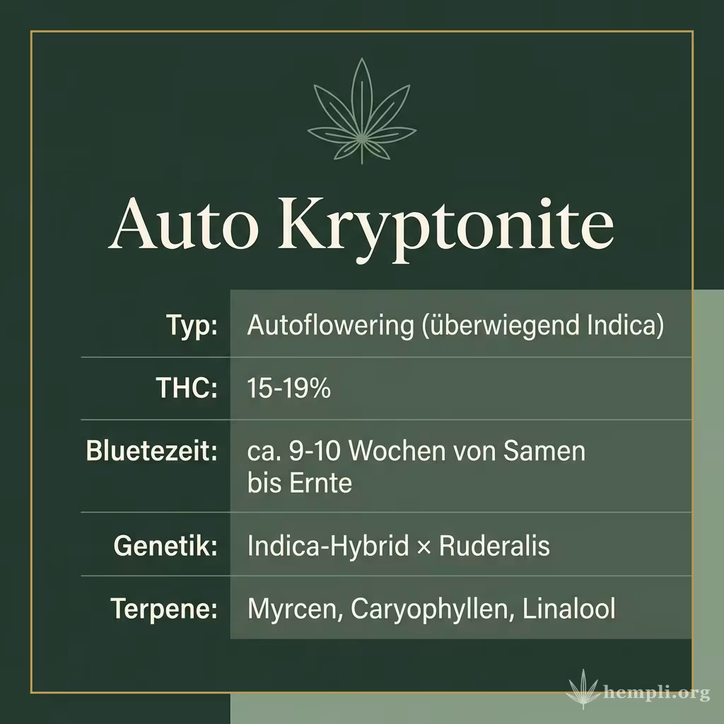 Infografik mit Auto Kryptonite Key Facts: Typ Autoflowering (überwiegend Indica), THC 15-19%, Bluetezeit ca. 9-10 Wochen von Samen bis Ernte, Genetik Indica-Hybrid × Ruderalis und Terpene Myrcen, Caryophyllen, Linalool