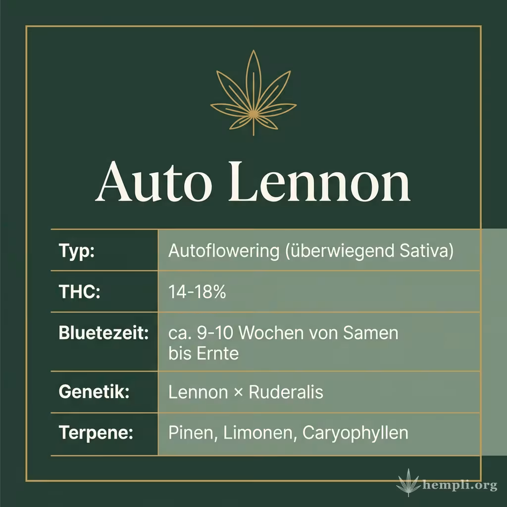 Infografik mit Auto Lennon Key Facts: Typ Autoflowering (überwiegend Sativa), THC 14-18%, Bluetezeit ca. 9-10 Wochen von Samen bis Ernte, Genetik Lennon × Ruderalis und Terpene Pinen, Limonen, Caryophyllen
