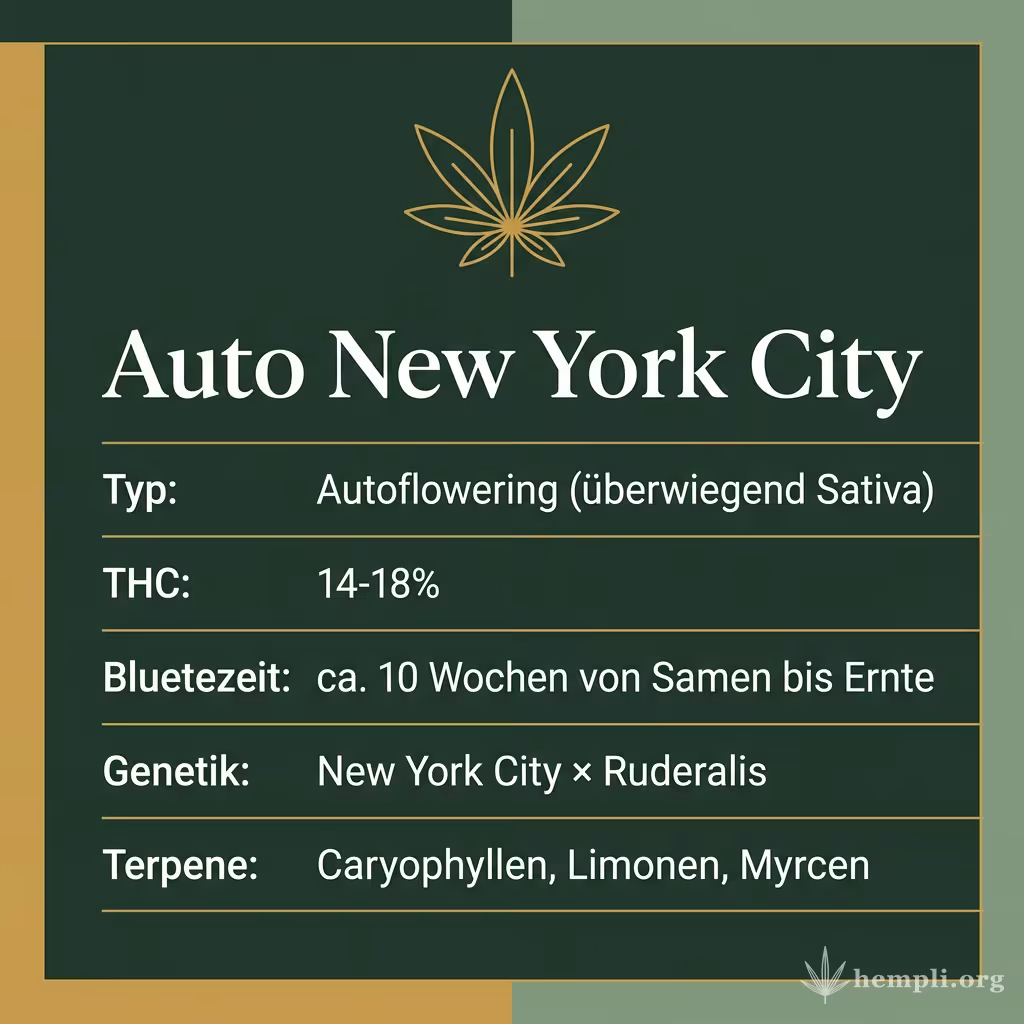 Infografik mit Auto New York City Key Facts: Typ Autoflowering (überwiegend Sativa), THC 14-18%, Bluetezeit ca. 10 Wochen von Samen bis Ernte, Genetik New York City × Ruderalis und Terpene Caryophyllen, Limonen, Myrcen