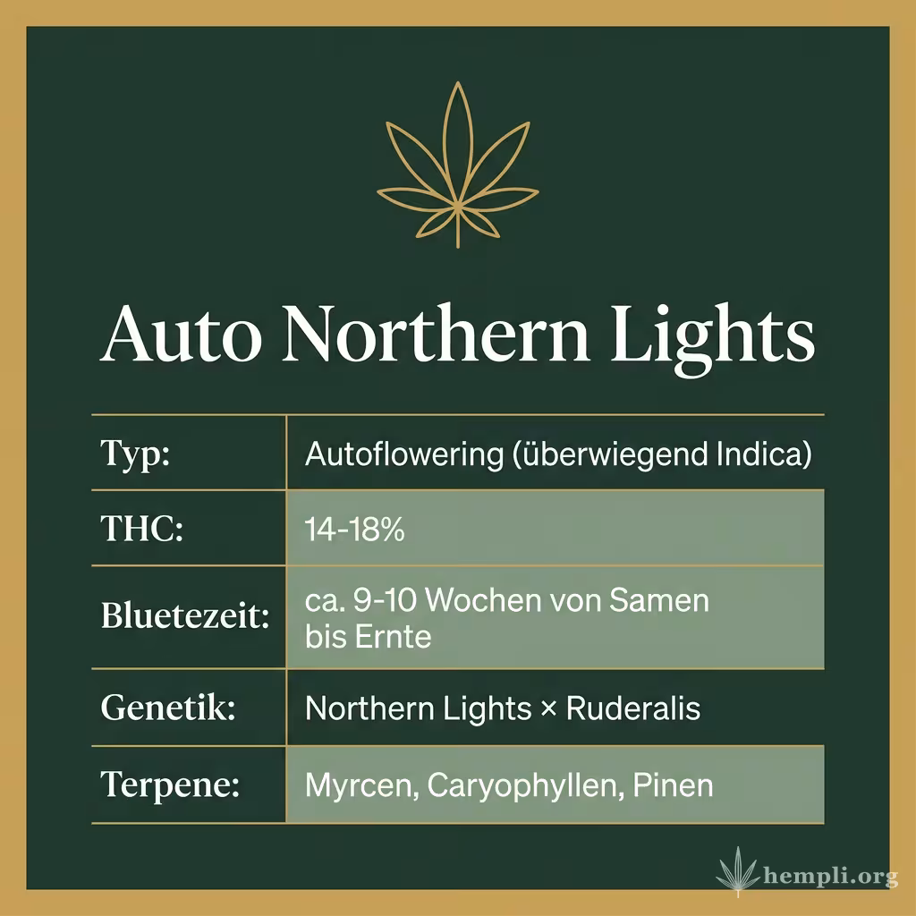 Infografik mit Auto Northern Lights Key Facts: Typ Autoflowering (überwiegend Indica), THC 14-18%, Bluetezeit ca. 9-10 Wochen von Samen bis Ernte, Genetik Northern Lights × Ruderalis und Terpene Myrcen, Caryophyllen, Pinen