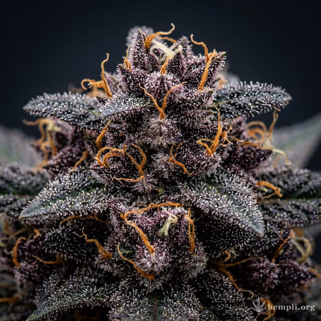 Nahaufnahme einer harzigen Auto Purple-Blüte mit dichten Trichomen und orangefarbenen Blütenstempeln