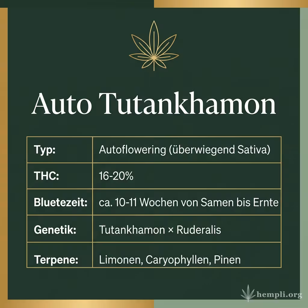 Infografik mit Auto Tutankhamon Key Facts: Typ Autoflowering (überwiegend Sativa), THC 16-20%, Bluetezeit ca. 10-11 Wochen von Samen bis Ernte, Genetik Tutankhamon × Ruderalis und Terpene Limonen, Caryophyllen, Pinen
