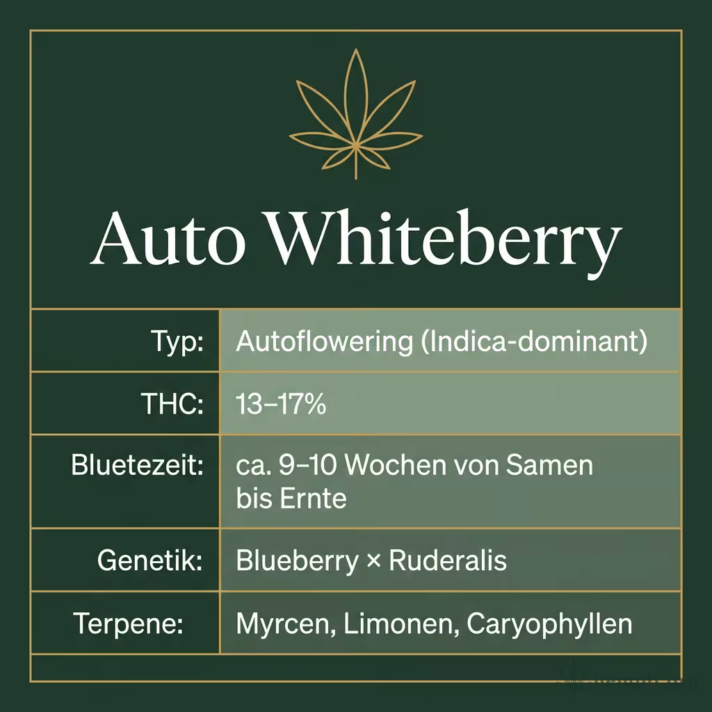 Infografik mit Auto Whiteberry Key Facts: Typ Autoflowering (Indica-dominant), THC 13-17%, Bluetezeit ca. 9-10 Wochen von Samen bis Ernte, Genetik Blueberry × Ruderalis und Terpene Myrcen, Limonen, Caryophyllen