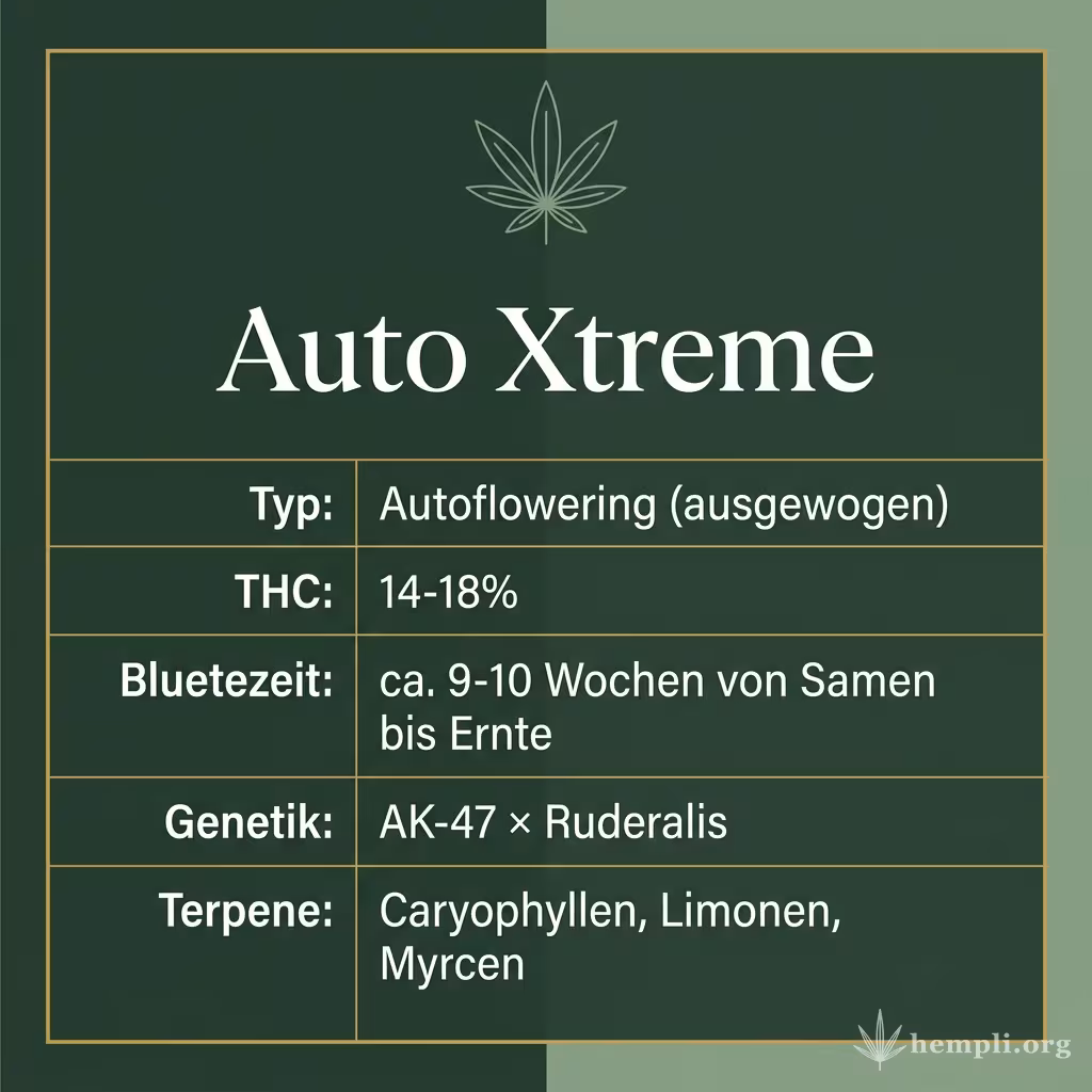 Infografik mit Auto Xtreme Key Facts: Typ Autoflowering (ausgewogen), THC 14-18%, Bluetezeit ca. 9-10 Wochen von Samen bis Ernte, Genetik AK-47 × Ruderalis und Terpene Caryophyllen, Limonen, Myrcen