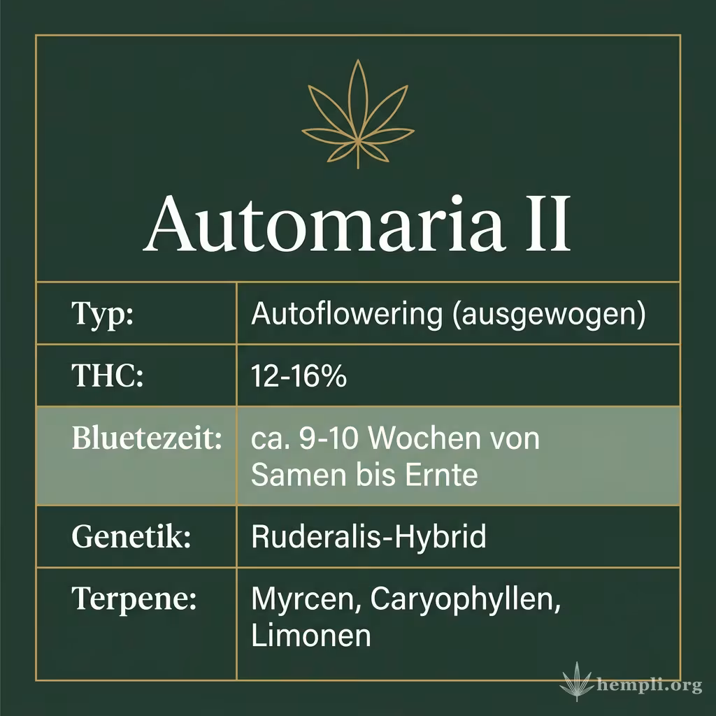 Infografik mit Automaria II Key Facts: Typ Autoflowering (ausgewogen), THC 12-16%, Bluetezeit ca. 9-10 Wochen von Samen bis Ernte, Genetik Ruderalis-Hybrid und Terpene Myrcen, Caryophyllen, Limonen