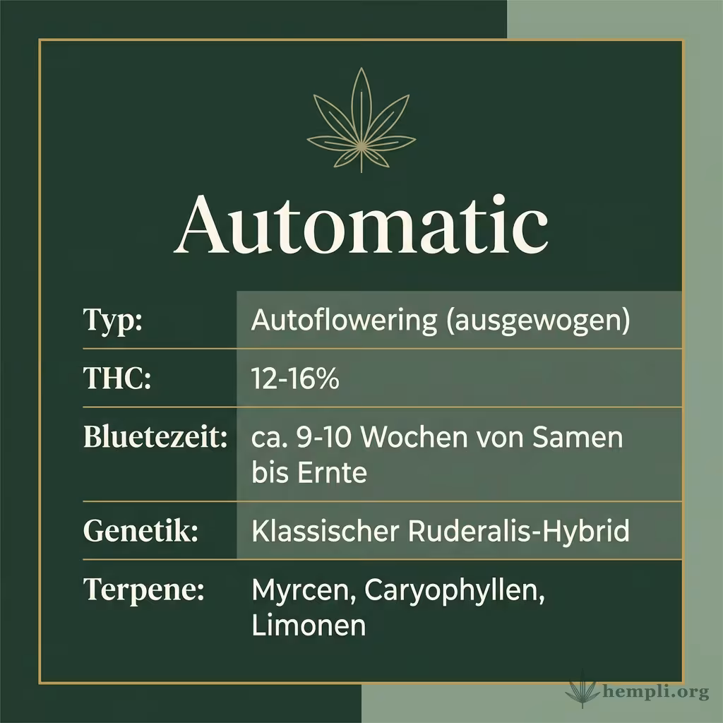Infografik mit Automatic Key Facts: Typ Autoflowering (ausgewogen), THC 12-16%, Bluetezeit ca. 9-10 Wochen von Samen bis Ernte, Genetik Klassischer Ruderalis-Hybrid und Terpene Myrcen, Caryophyllen, Limonen