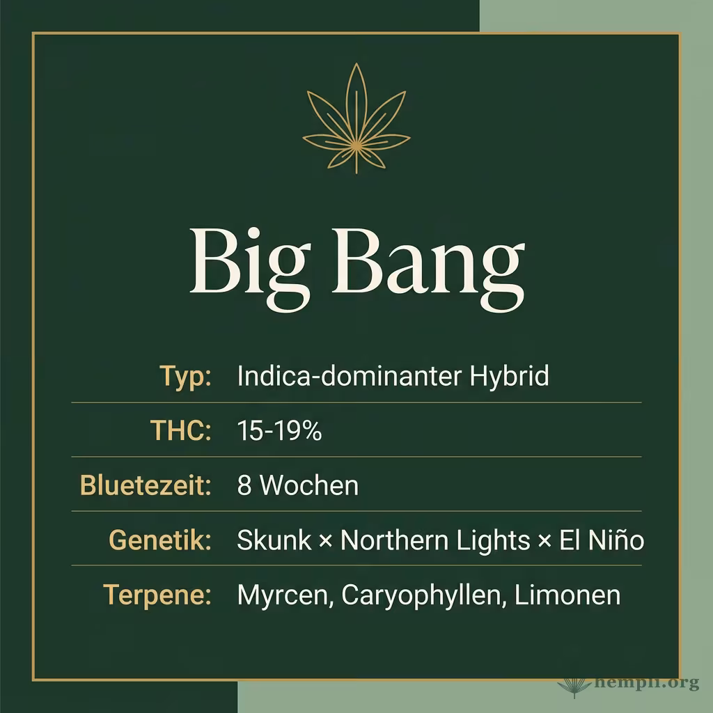 Infografik mit Big Bang Key Facts: Typ Indica-dominanter Hybrid, THC 15-19%, Bluetezeit 8 Wochen, Genetik Skunk × Northern Lights × El Niño und Terpene Myrcen, Caryophyllen, Limonen