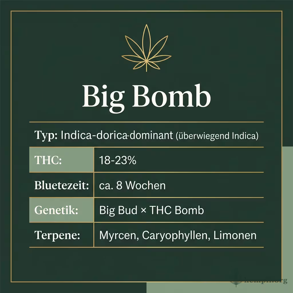 Infografik mit Big Bomb Key Facts: Typ Indica-dominant (überwiegend Indica), THC 18-23%, Bluetezeit ca. 8 Wochen, Genetik Big Bud × THC Bomb und Terpene Myrcen, Caryophyllen, Limonen
