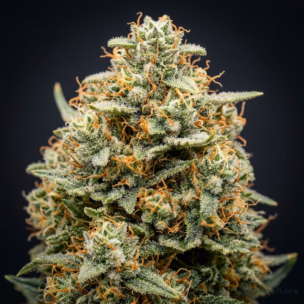 Nahaufnahme einer sehr großen, dichten Big-Bud-Blüte mit harzigen Trichomen und orangefarbenen Blütenstempeln