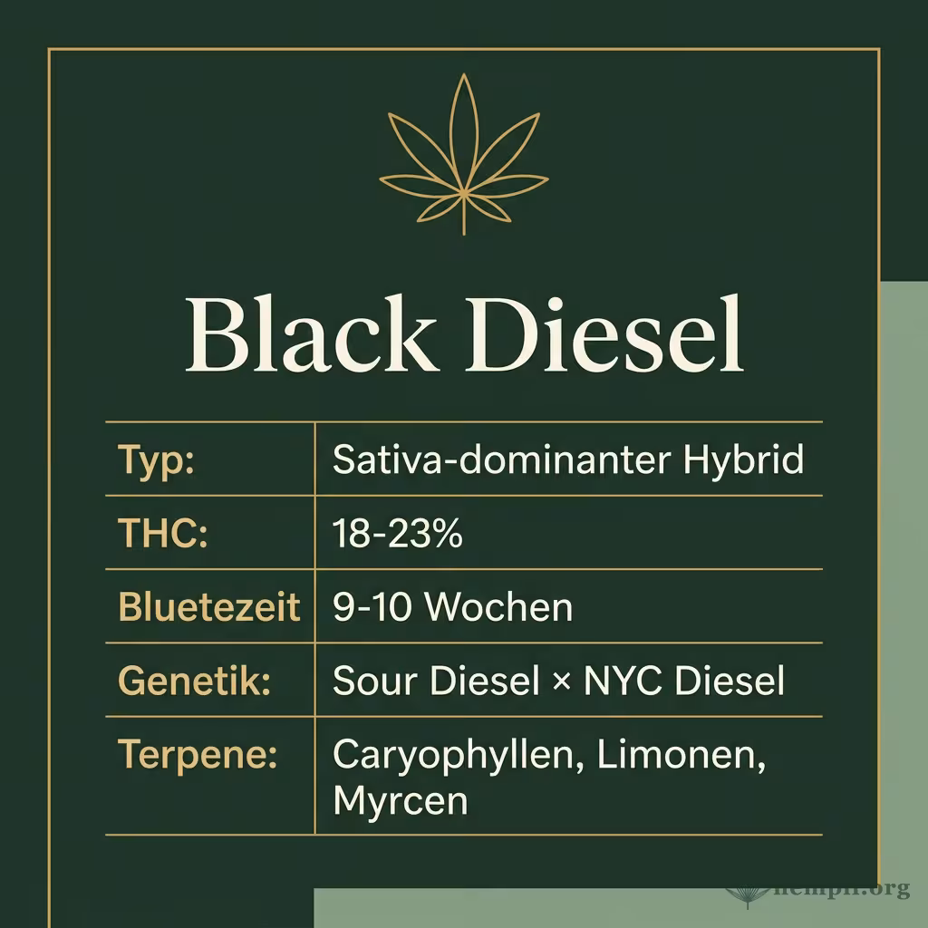 Infografik mit Black Diesel Key Facts: Typ Sativa-dominanter Hybrid, THC 18-23%, Bluetezeit 9-10 Wochen, Genetik Sour Diesel × NYC Diesel und Terpene Caryophyllen, Limonen, Myrcen