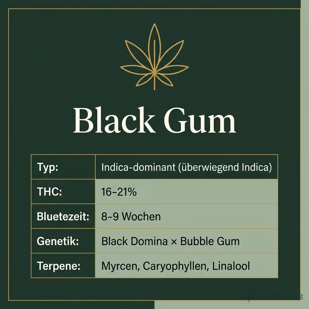 Infografik mit Black Gum Key Facts: Typ Indica-dominant (überwiegend Indica), THC 16-21%, Bluetezeit 8-9 Wochen, Genetik Black Domina × Bubble Gum und Terpene Myrcen, Caryophyllen, Linalool
