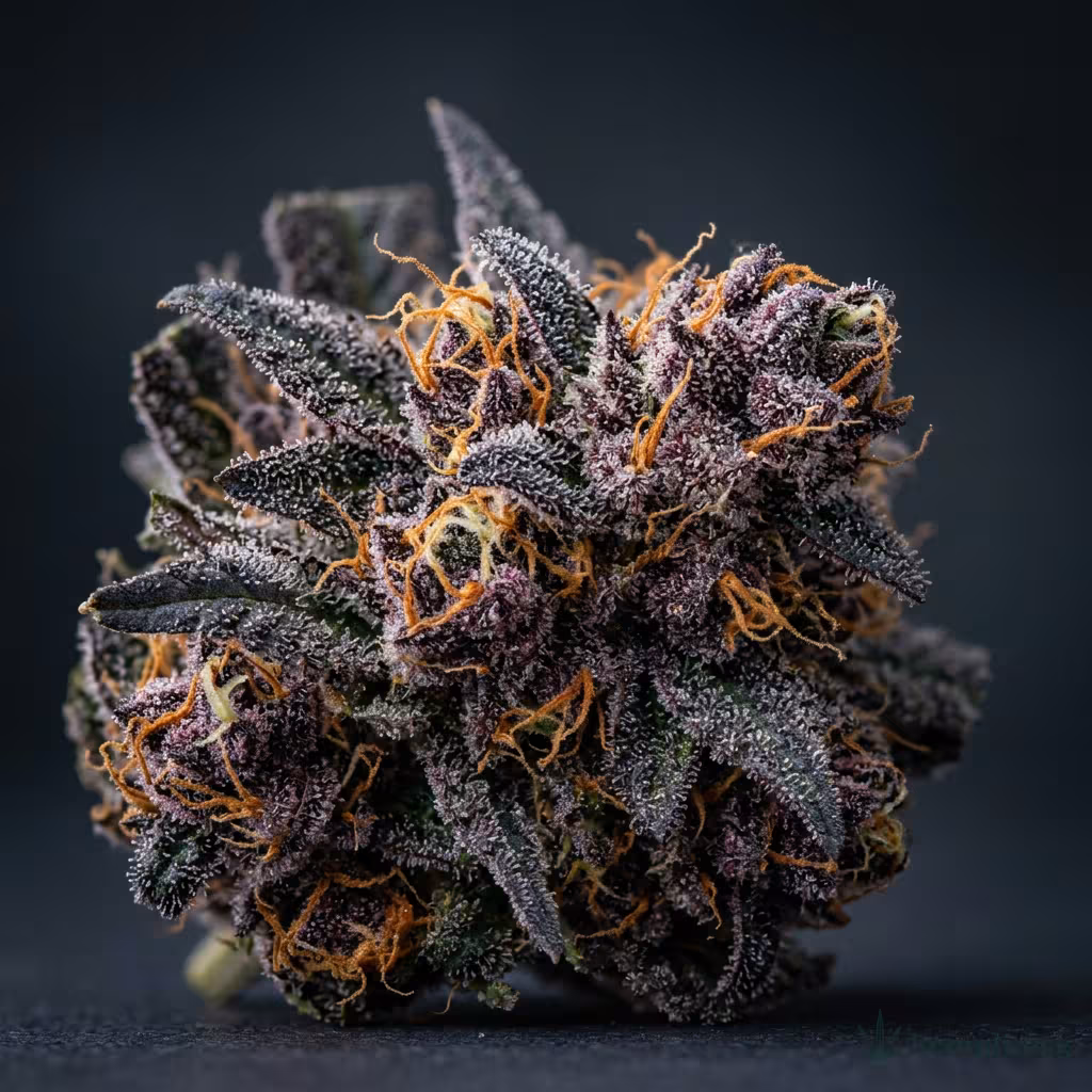 Nahaufnahme einer harzigen Blackberry Rocks-Blüte mit dichten Trichomen und orangefarbenen Blütenstempeln