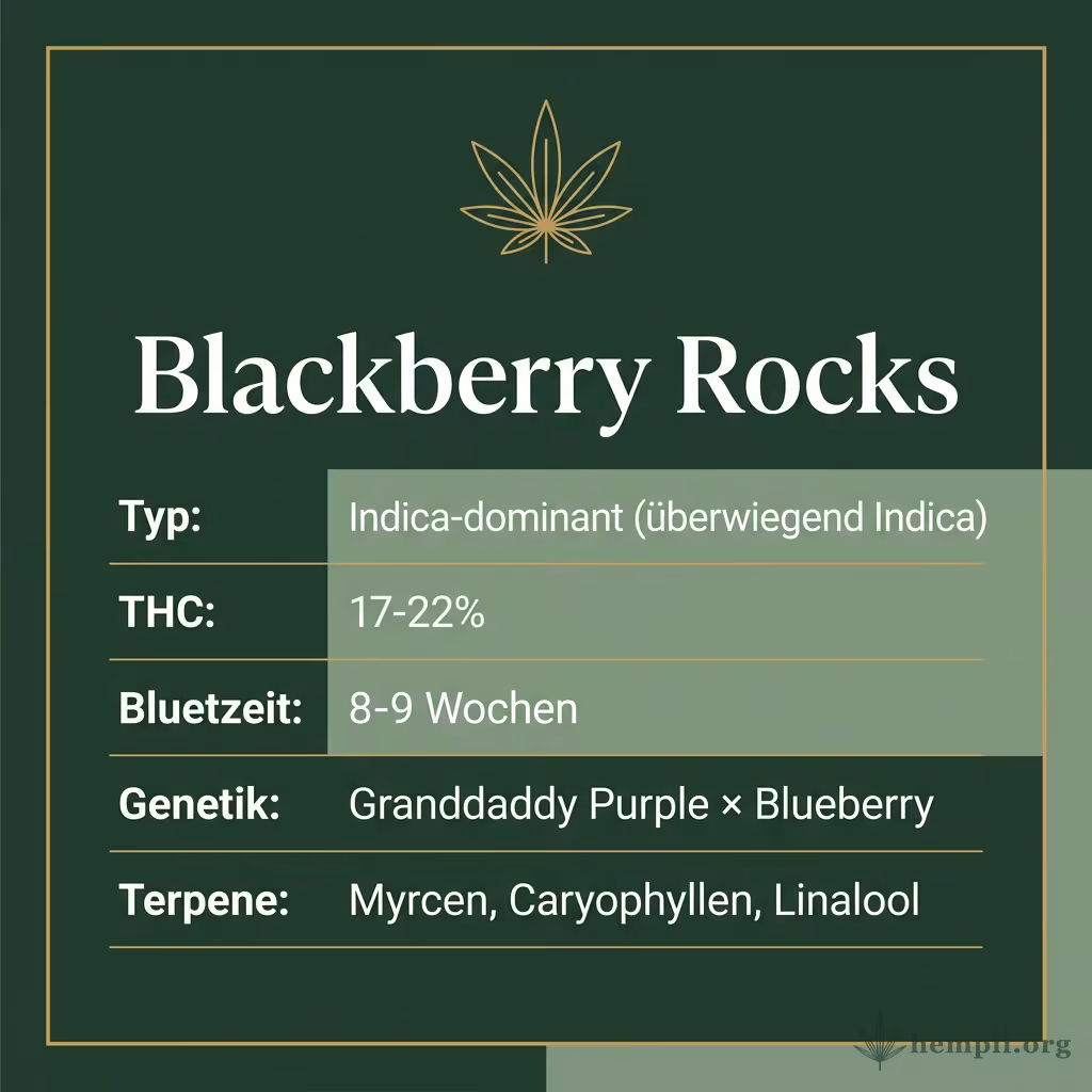 Infografik mit Blackberry Rocks Key Facts: Typ Indica-dominant (überwiegend Indica), THC 17-22%, Bluetezeit 8-9 Wochen, Genetik Granddaddy Purple × Blueberry und Terpene Myrcen, Caryophyllen, Linalool