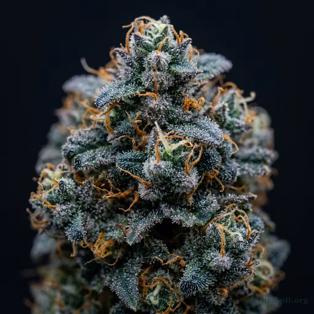 Nahaufnahme einer harzigen Blue Cheese Autoflowering-Blüte mit dichten Trichomen und orangefarbenen Blütenstempeln