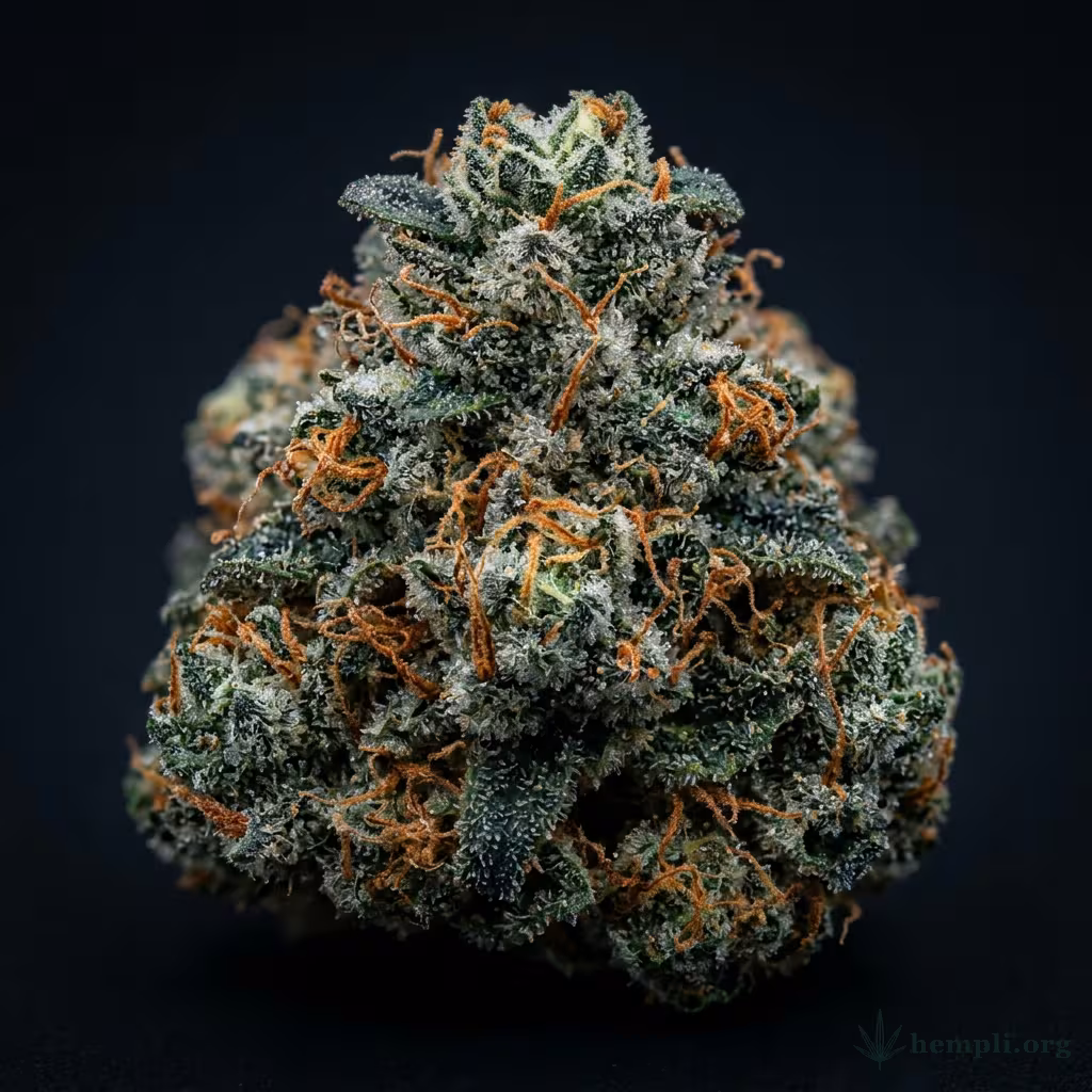 Nahaufnahme einer dichten, bläulich-grünen Blue-Cheese-Blüte mit harzigen Trichomen und orangefarbenen Blütenstempeln