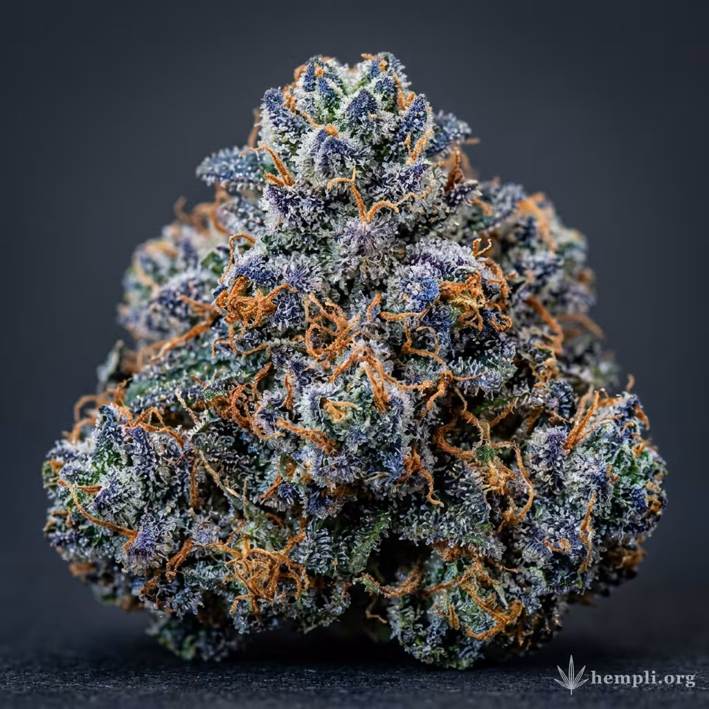 Nahaufnahme einer harzigen Blue Pyramid-Blüte mit dichten Trichomen und orangefarbenen Blütenstempeln