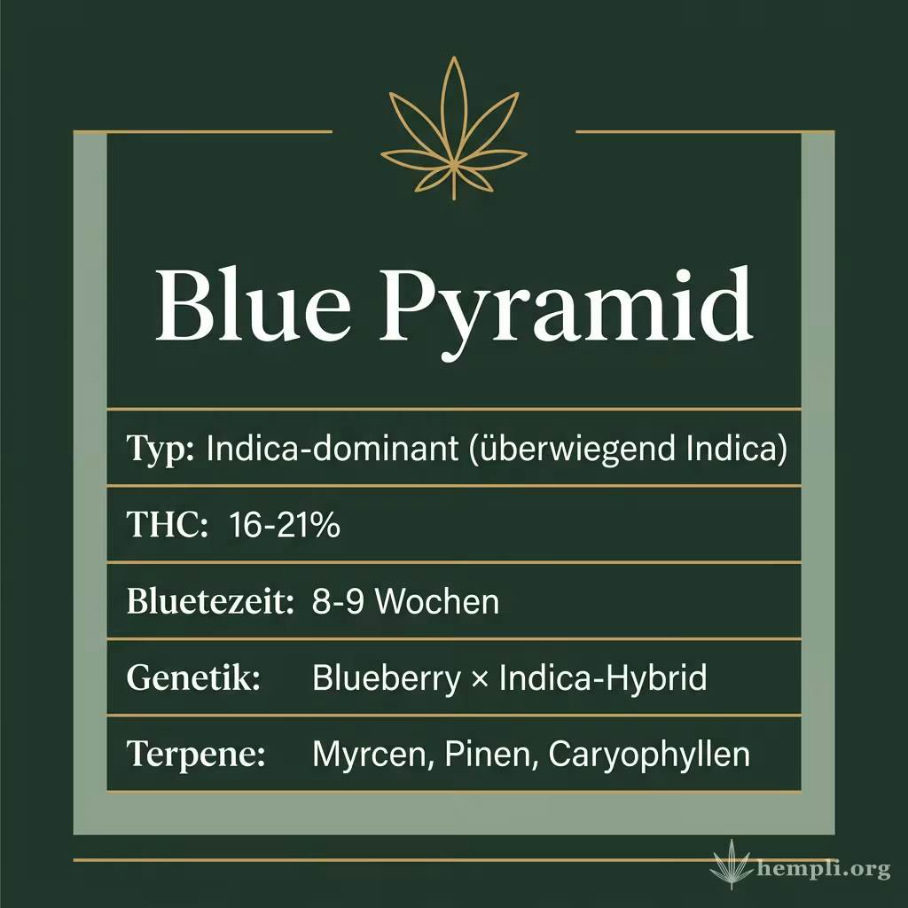 Infografik mit Blue Pyramid Key Facts: Typ Indica-dominant (überwiegend Indica), THC 16-21%, Bluetezeit 8-9 Wochen, Genetik Blueberry × Indica-Hybrid und Terpene Myrcen, Pinen, Caryophyllen
