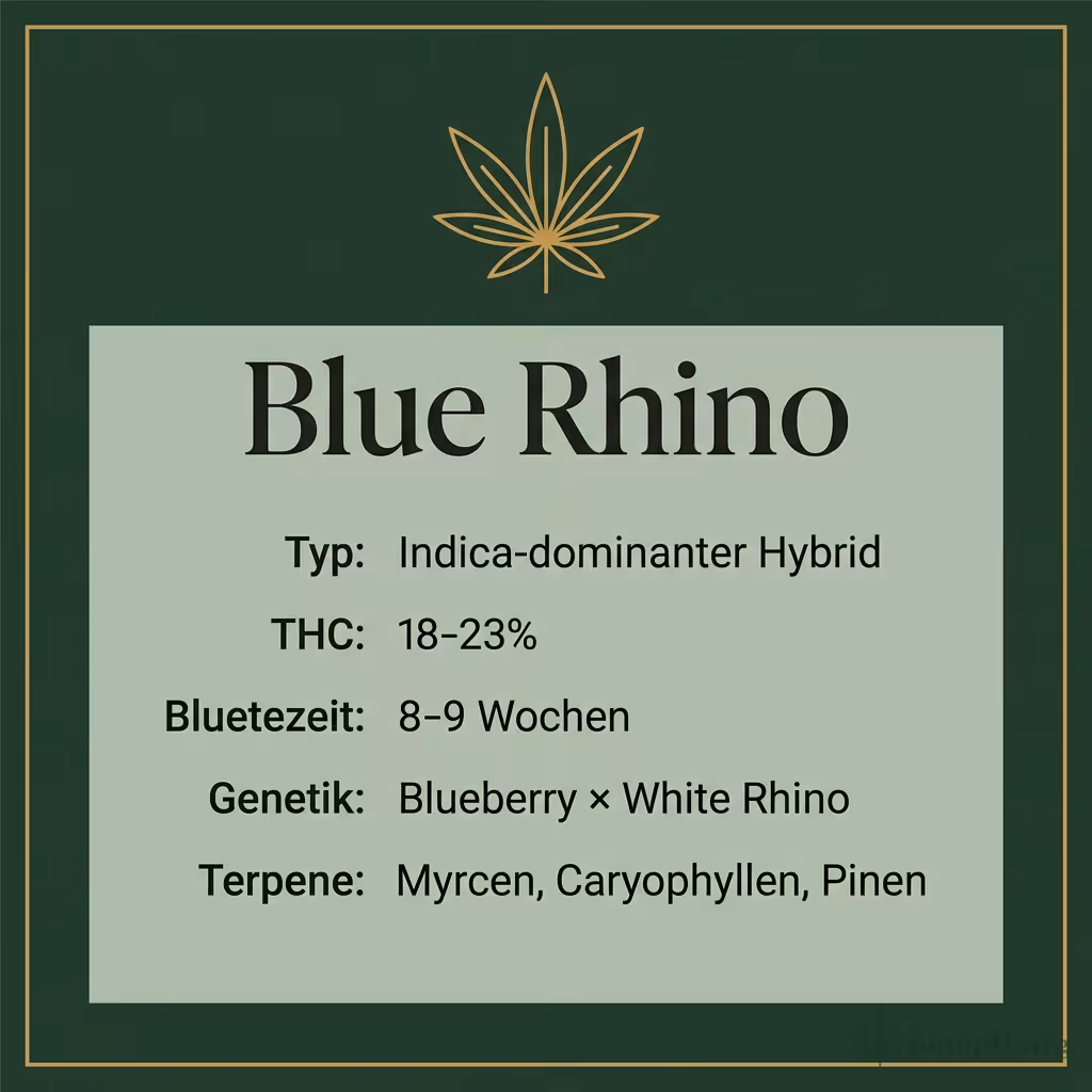 Infografik mit Blue Rhino Key Facts: Typ Indica-dominanter Hybrid, THC 18-23%, Bluetezeit 8-9 Wochen, Genetik Blueberry × White Rhino und Terpene Myrcen, Caryophyllen, Pinen
