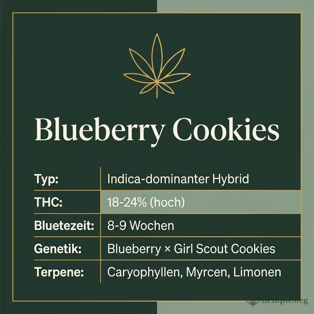 Infografik mit Blueberry Cookies Key Facts: Typ Indica-dominanter Hybrid, THC 18-24% (hoch), Bluetezeit 8-9 Wochen, Genetik Blueberry × Girl Scout Cookies und Terpene Caryophyllen, Myrcen, Limonen