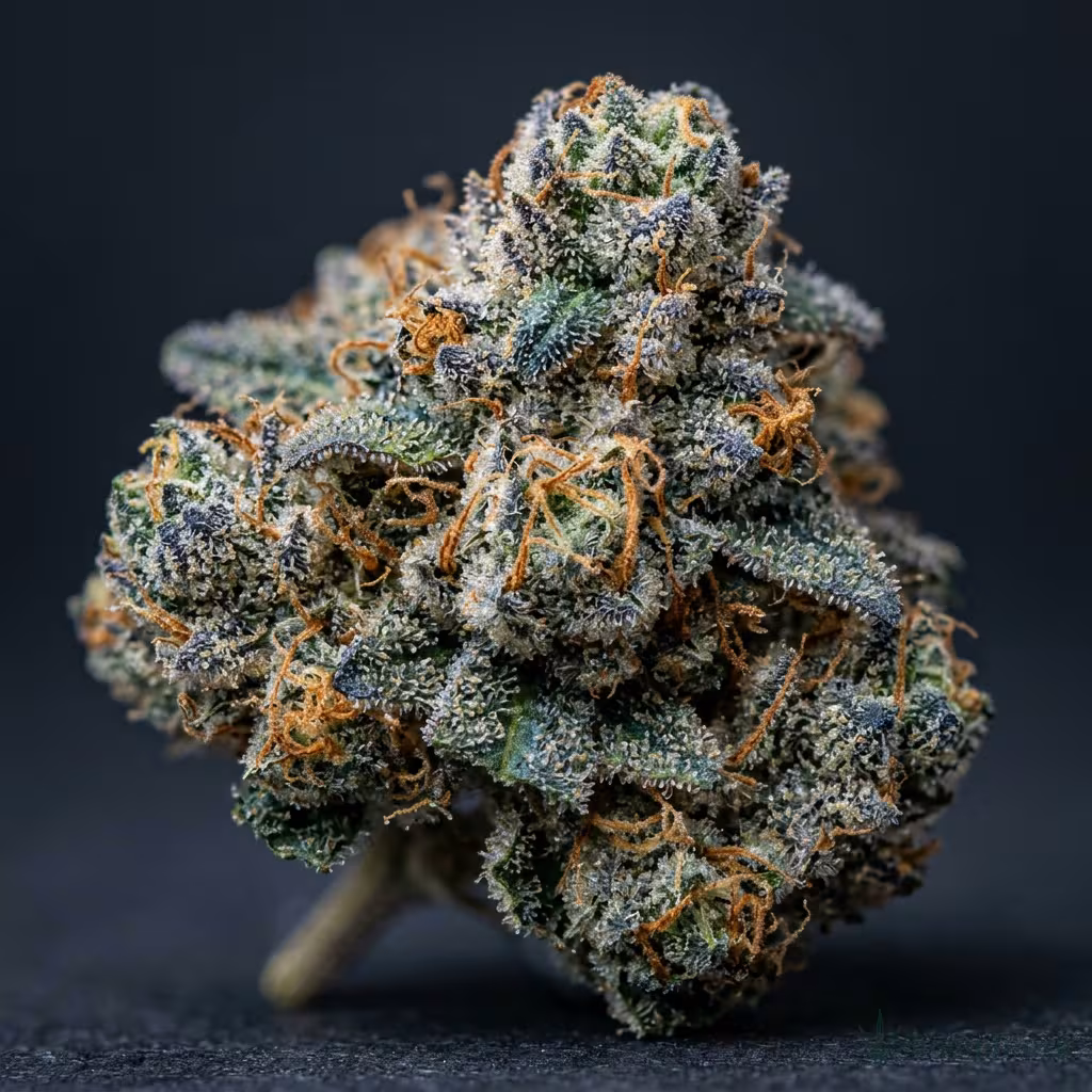 Nahaufnahme einer harzigen Blueberry Muffin-Blüte mit dichten Trichomen und orangefarbenen Blütenstempeln