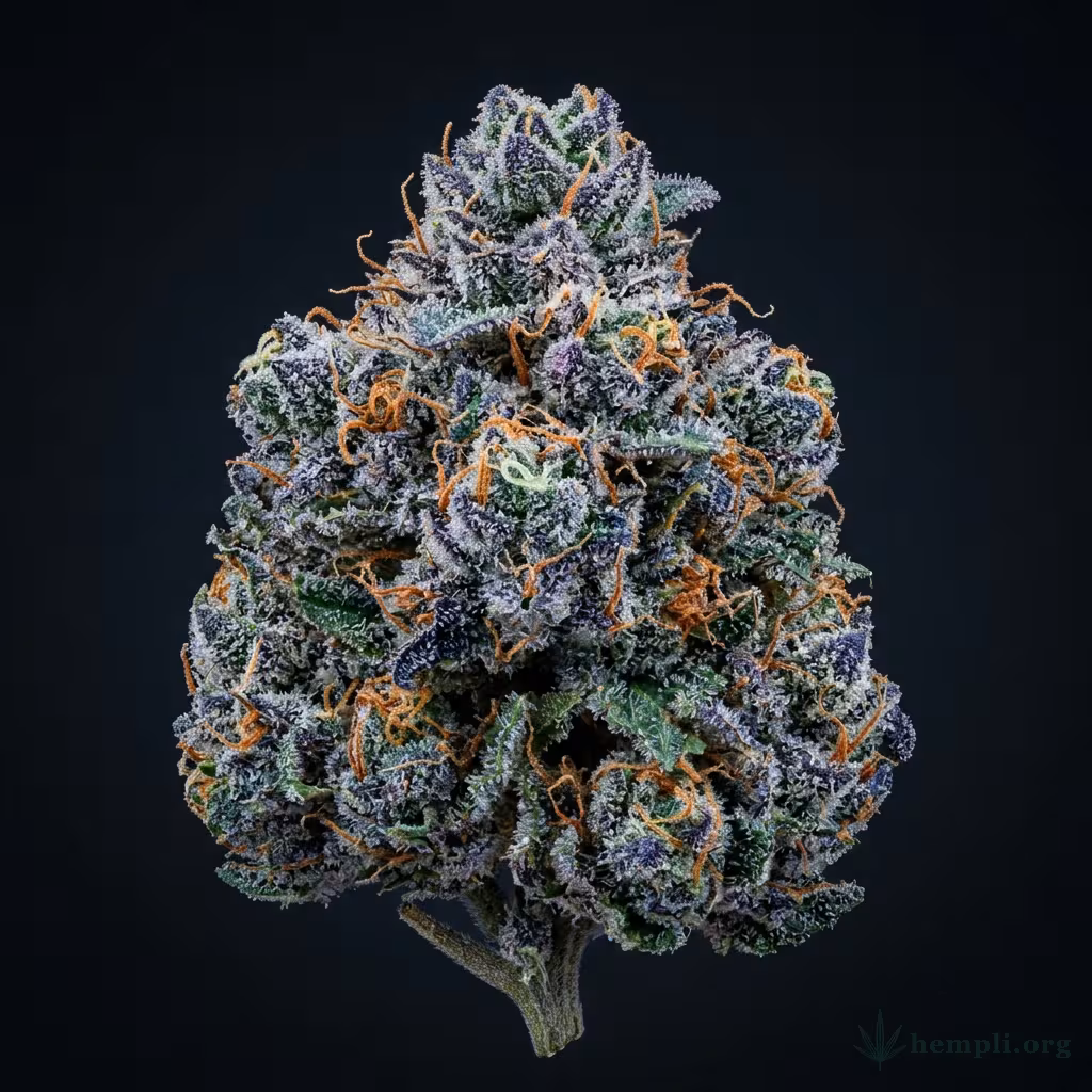 Nahaufnahme einer harzigen Blueberry Punch-Blüte mit dichten Trichomen und orangefarbenen Blütenstempeln
