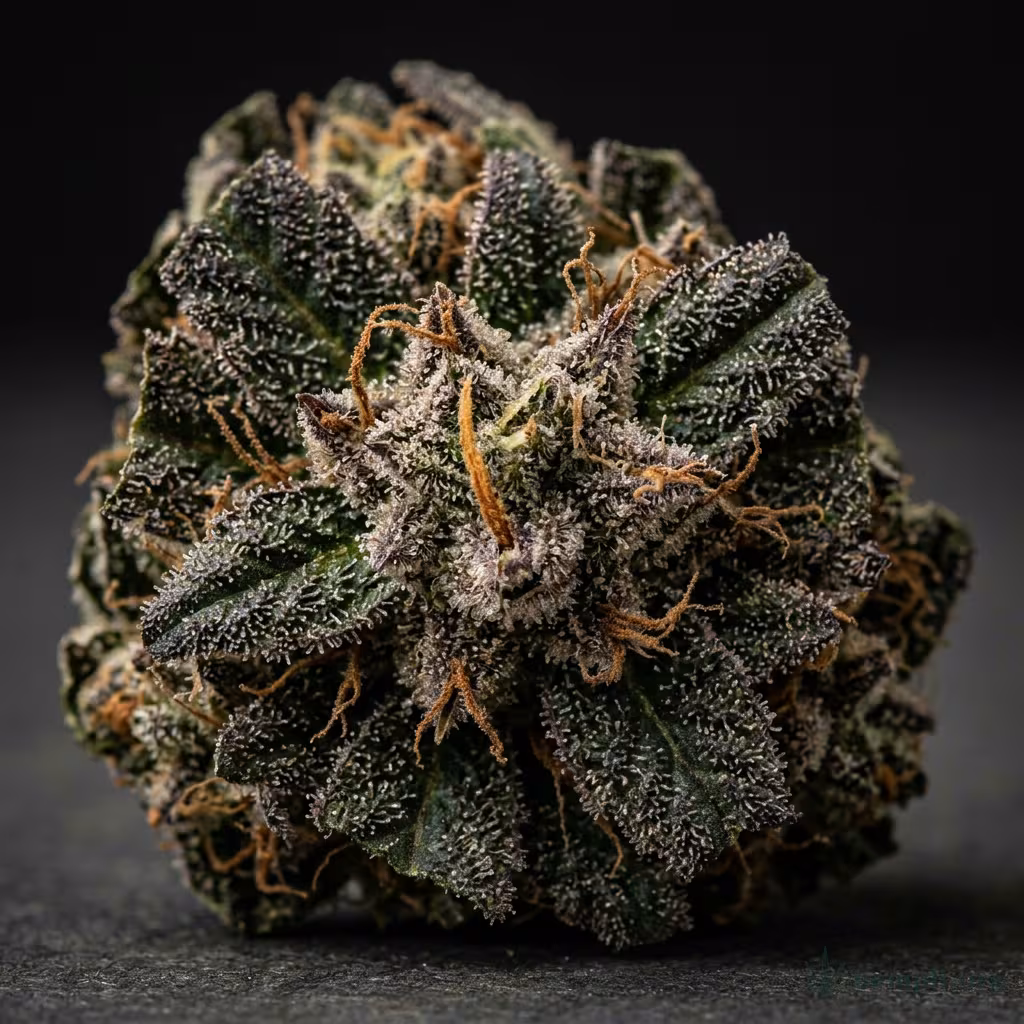 Nahaufnahme einer dichten, dunkelgrünen Bubba-Kush-Blüte mit kräftigem Trichombesatz und braunen Blütenstempeln