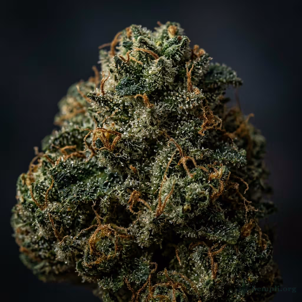 Nahaufnahme einer harzigen Bubba OG-Blüte mit dichten Trichomen und orangefarbenen Blütenstempeln